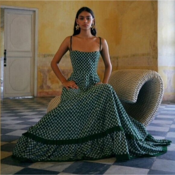 Green/White Checkmate Checkered Maxi Pleated Dress - Picture 3 of 16